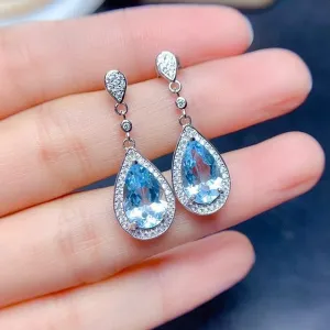 Wholesale Colored Treasure Drop Sea Blue Zircon Long Earrings