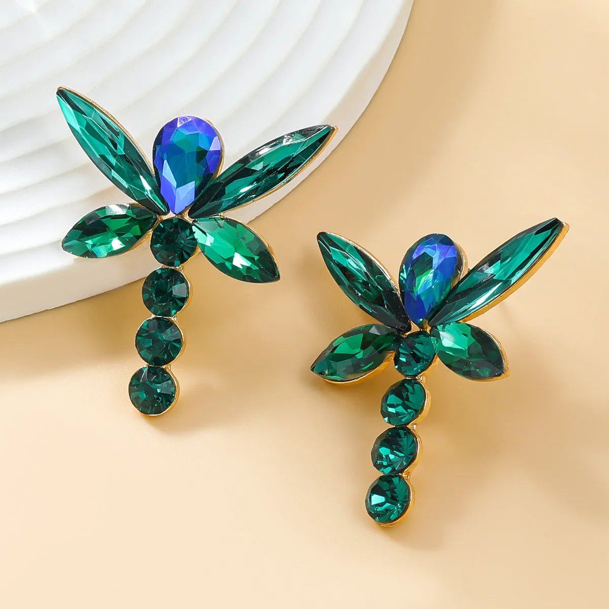 Wholesale Colorful Diamond Exaggerated Alloy Full Diamond Dragonfly Shaped Earrings