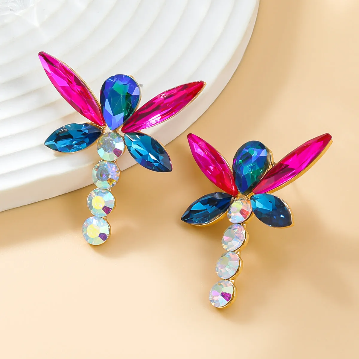 Wholesale Colorful Diamond Exaggerated Alloy Full Diamond Dragonfly Shaped Earrings