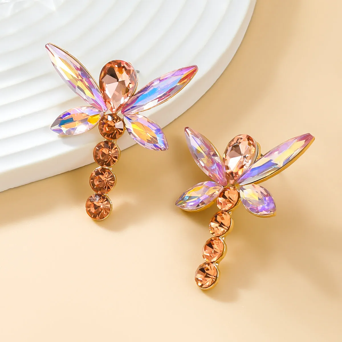 Wholesale Colorful Diamond Exaggerated Alloy Full Diamond Dragonfly Shaped Earrings