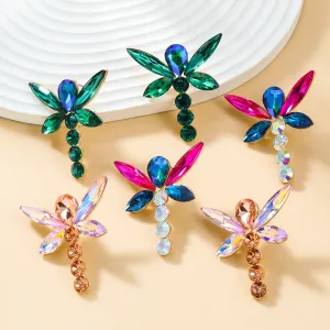 Wholesale Colorful Diamond Exaggerated Alloy Full Diamond Dragonfly Shaped Earrings