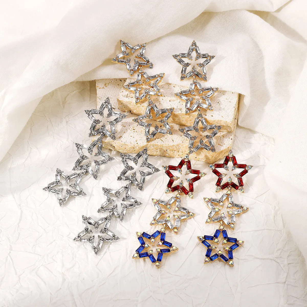Wholesale Colorful Five-pointed Star Hollow Rhinestone Personalized Design Earrings