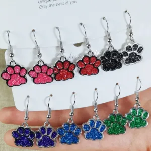Wholesale Colorful Glitter Oil Dripping Dog Paw Earrings