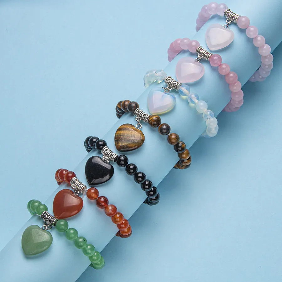 Wholesale Colorful Natural Stone Crystal Heart Stretch 8MM Bracelet