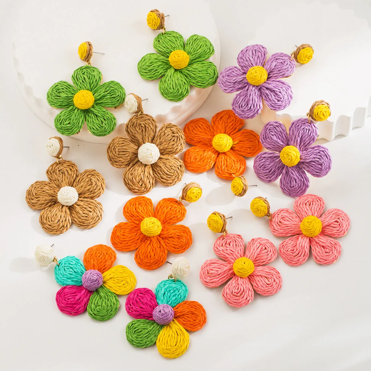 Wholesale Colorful Raffia Braided Flower Earrings