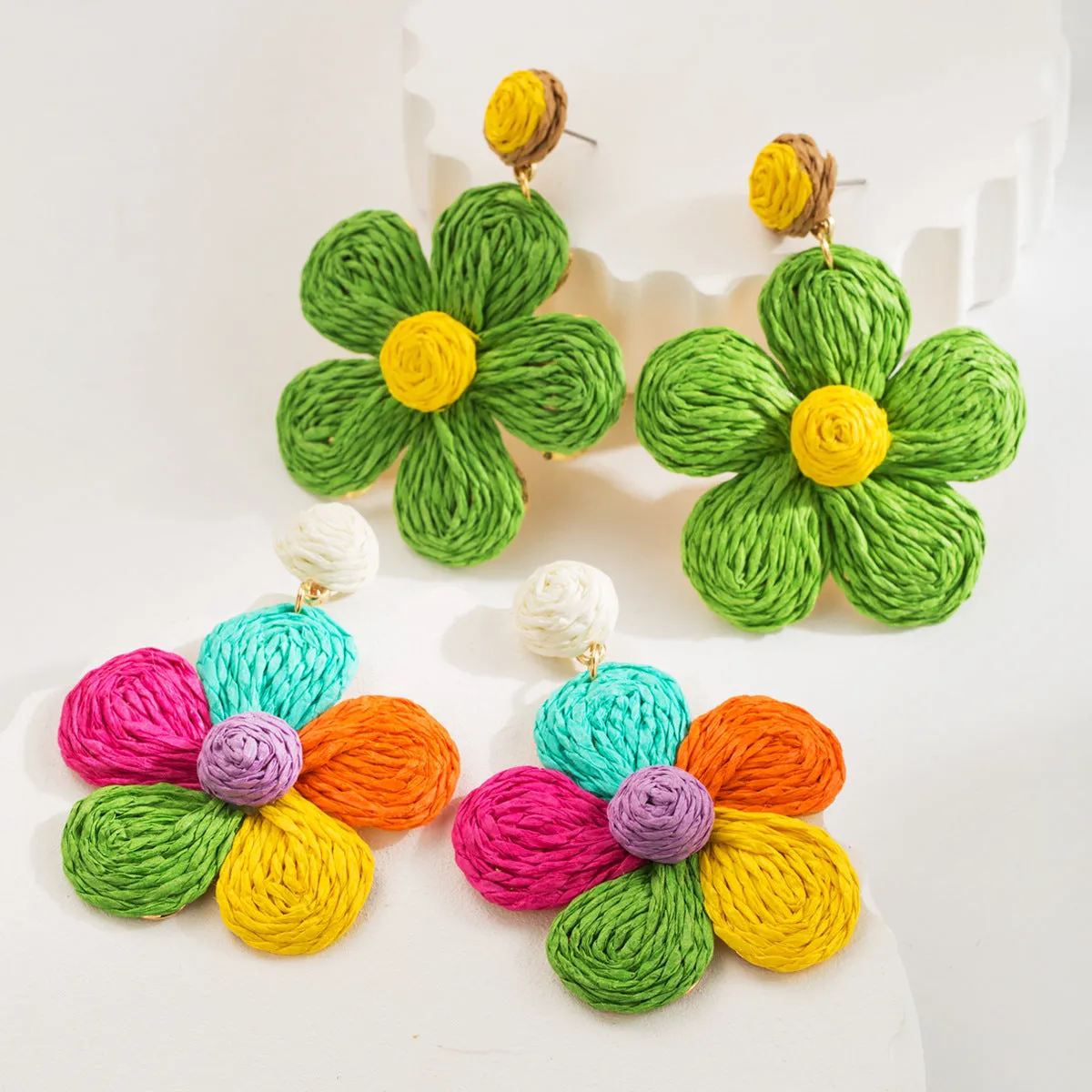 Wholesale Colorful Raffia Braided Flower Earrings
