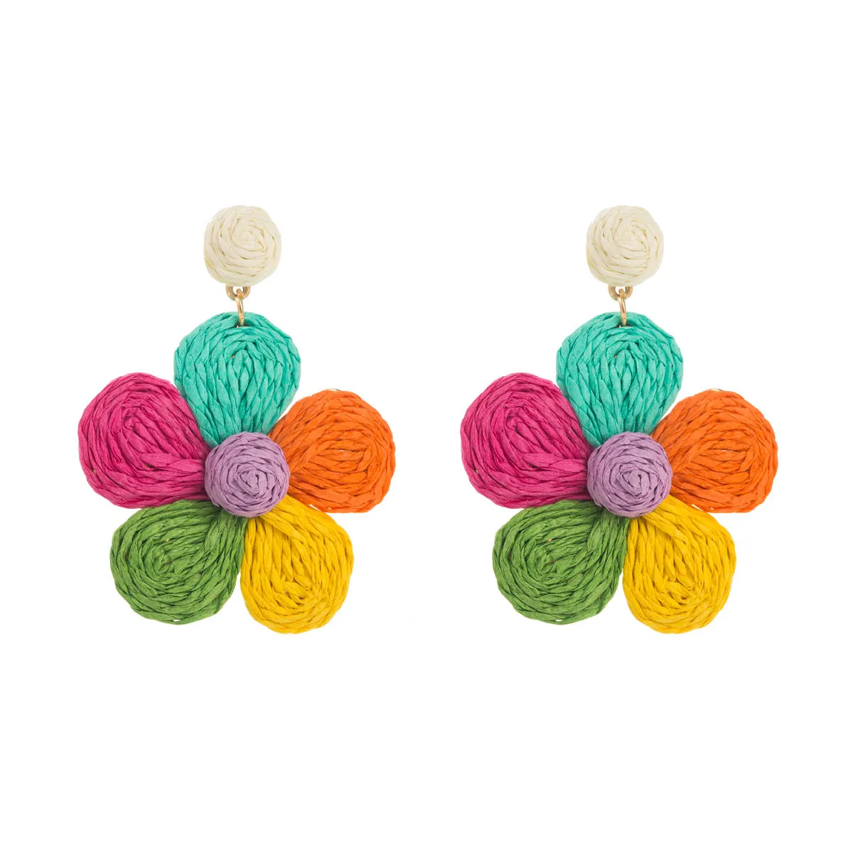 Wholesale Colorful Raffia Braided Flower Earrings