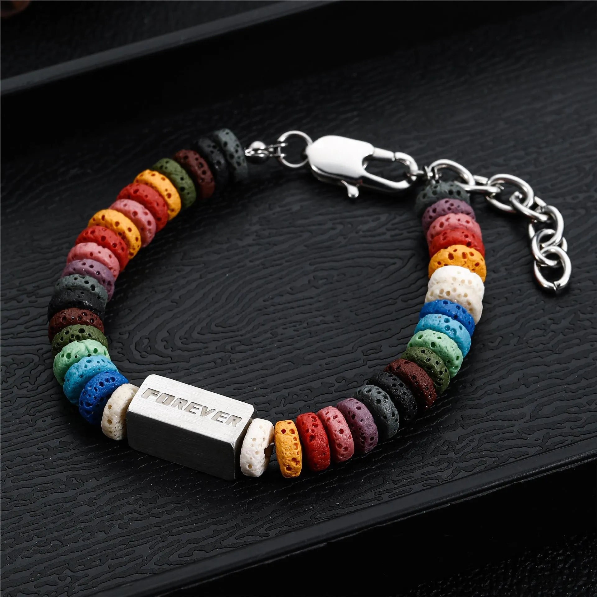 Wholesale Colorful Volcanic Stone Titanium Steel Stitching Bracelet