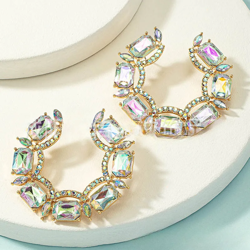 Wholesale Colorful Water Diamond Gemstone C-shaped Asymmetric Earrings