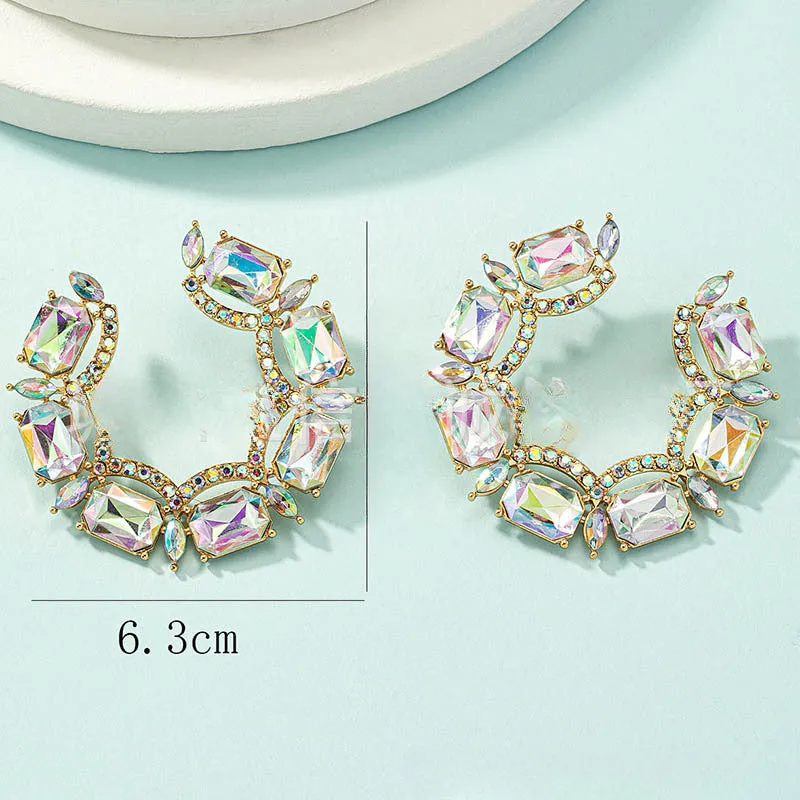 Wholesale Colorful Water Diamond Gemstone C-shaped Asymmetric Earrings