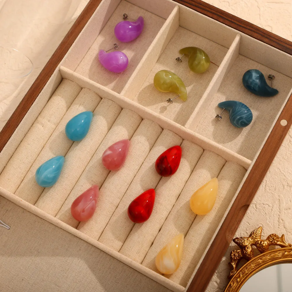 Wholesale Colorful Water Drop Resin Titanium Steel Earrings