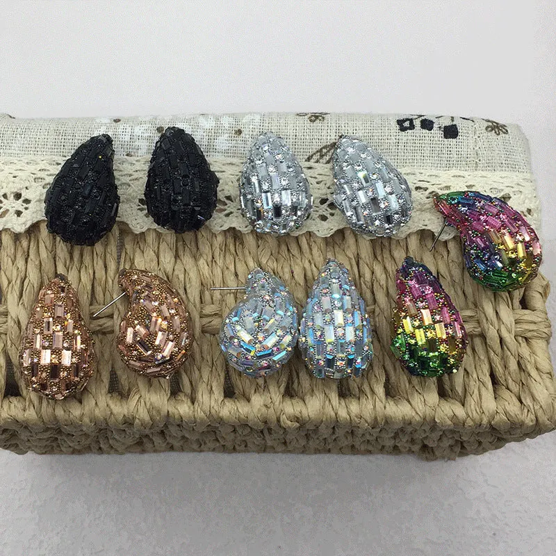 Wholesale Comma Colored Glass Full Diamond Earrings