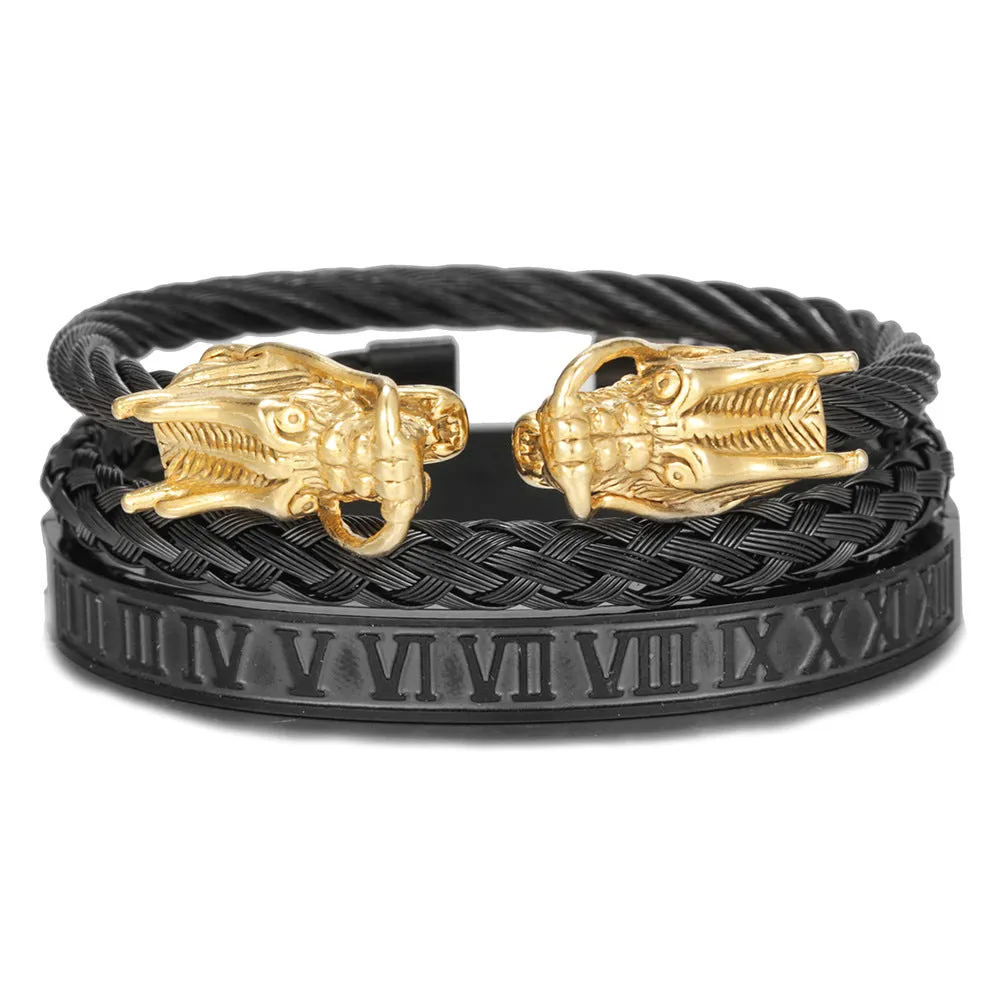 Wholesale Copper Micro-inlaid Zircon Double Leopard Head Black Onyx Woven Bracelet