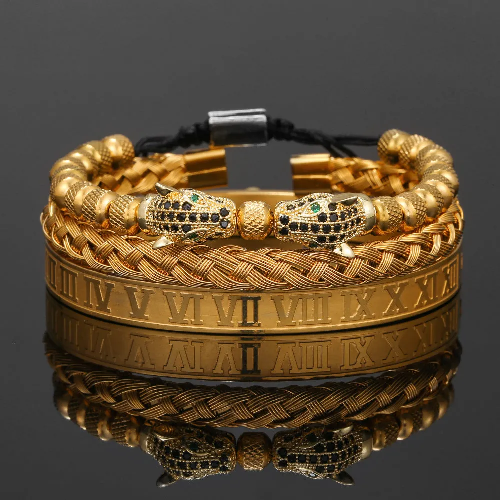 Wholesale Copper Micro-inlaid Zircon Double Leopard Head Black Onyx Woven Bracelet