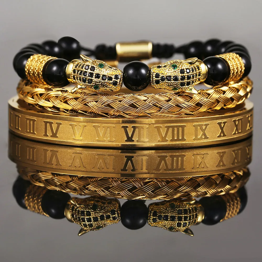 Wholesale Copper Micro-inlaid Zircon Double Leopard Head Black Onyx Woven Bracelet
