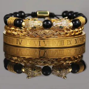Wholesale Copper Micro-inlaid Zircon Double Leopard Head Black Onyx Woven Bracelet