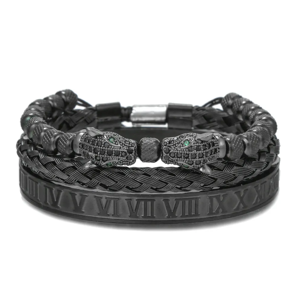 Wholesale Copper Micro-inlaid Zircon Double Leopard Head Black Onyx Woven Bracelet