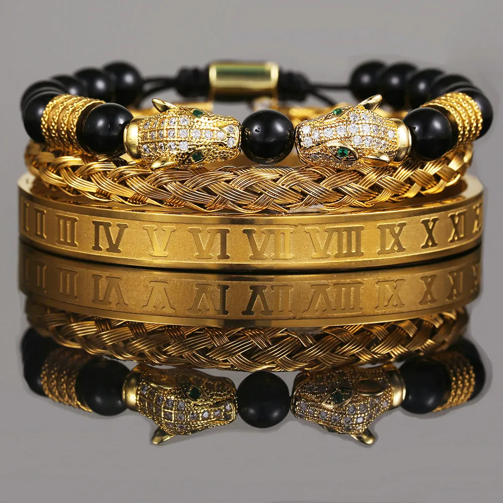 Wholesale Copper Micro-inlaid Zircon Double Leopard Head Black Onyx Woven Bracelet