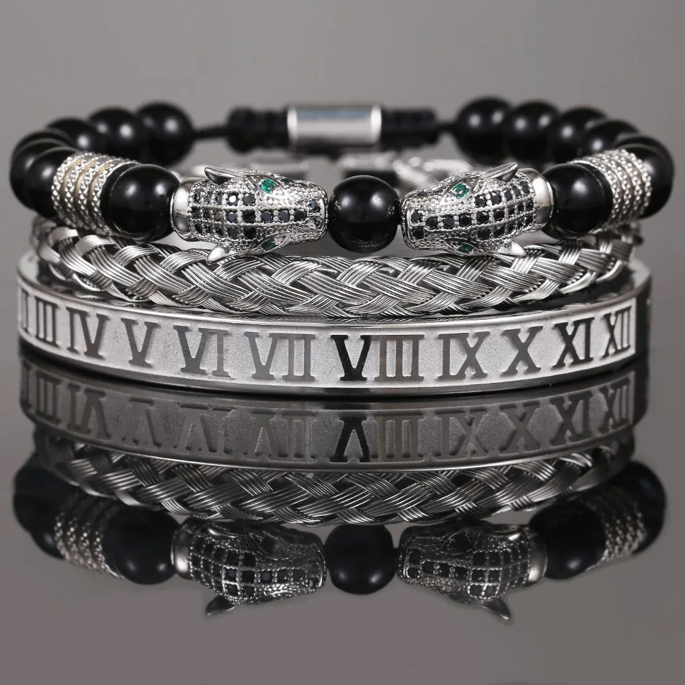 Wholesale Copper Micro-inlaid Zircon Double Leopard Head Black Onyx Woven Bracelet