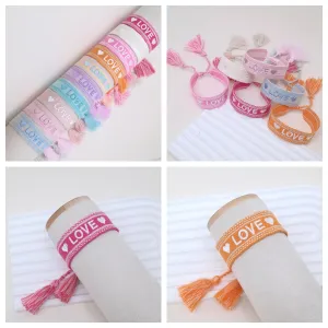Wholesale Cord Embroiderable Logo Ethnic Style Letter Woven Tassel Bracelet
