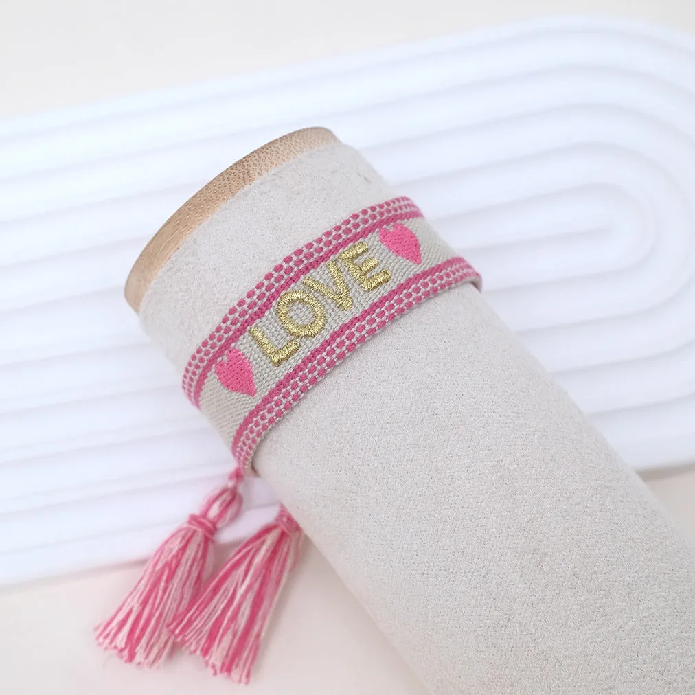 Wholesale Cord Embroiderable Logo Ethnic Style Letter Woven Tassel Bracelet