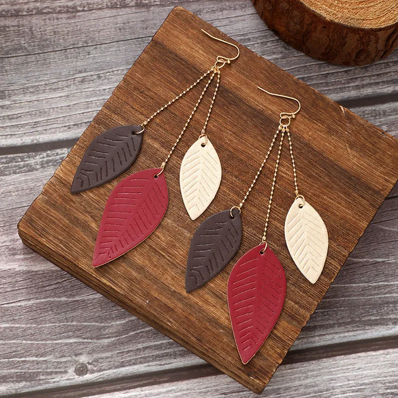 Wholesale Cowhide Leaf Artificial Leather Leaf Earrings