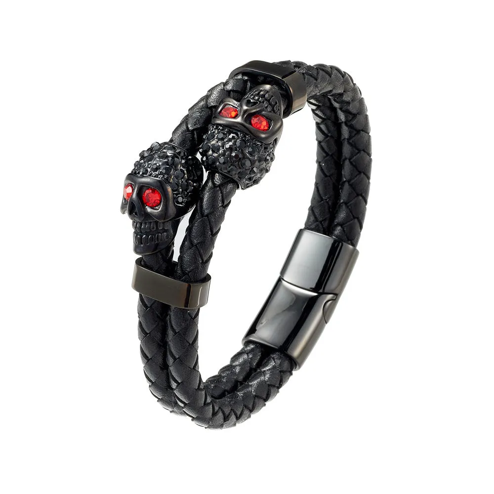 Wholesale Cowhide Stainless Steel Skull Braided Men's Bracelet