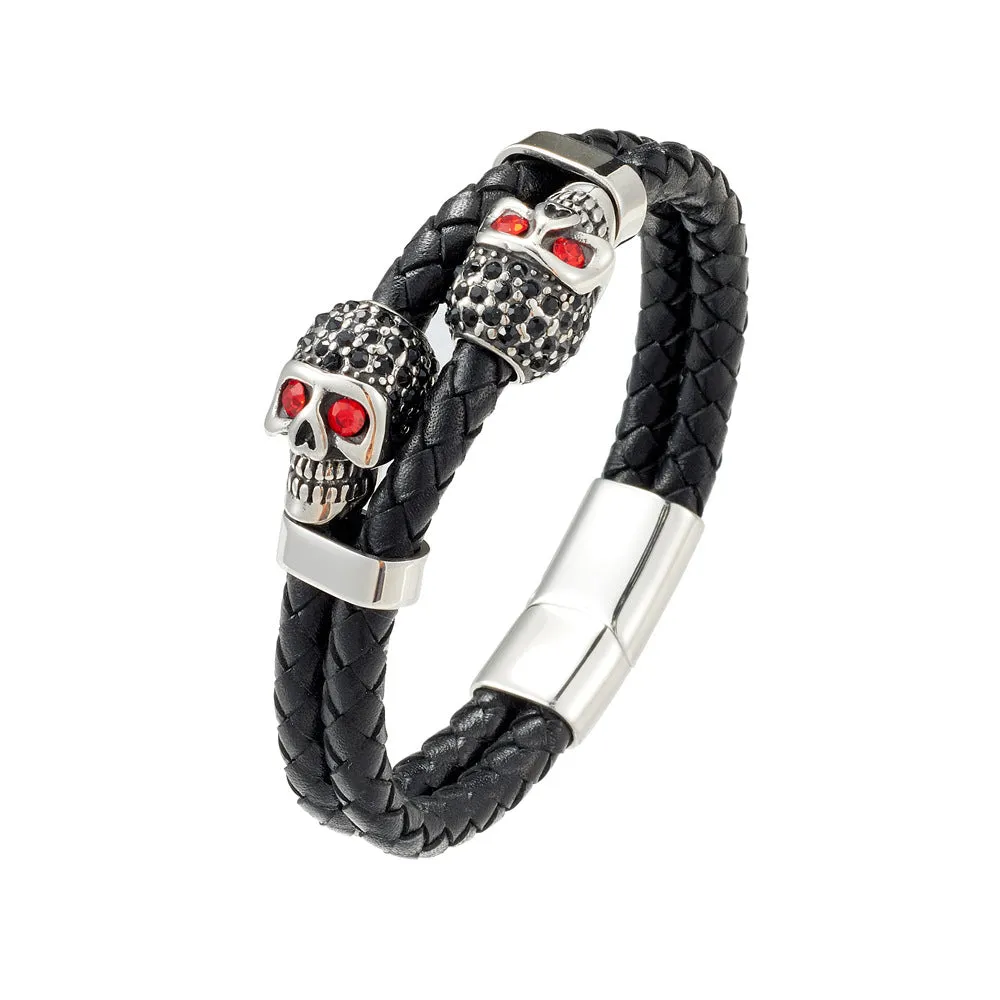 Wholesale Cowhide Stainless Steel Skull Braided Men's Bracelet