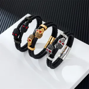 Wholesale Cowhide Stainless Steel Skull Braided Men's Bracelet