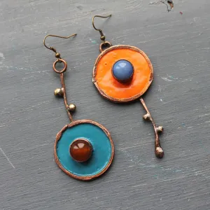 Wholesale Creative Asymmetrical Graffiti Antique Red Copper Artisan-made Diamond Earrings