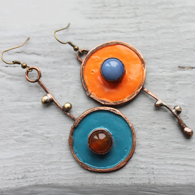 Wholesale Creative Asymmetrical Graffiti Antique Red Copper Artisan-made Diamond Earrings