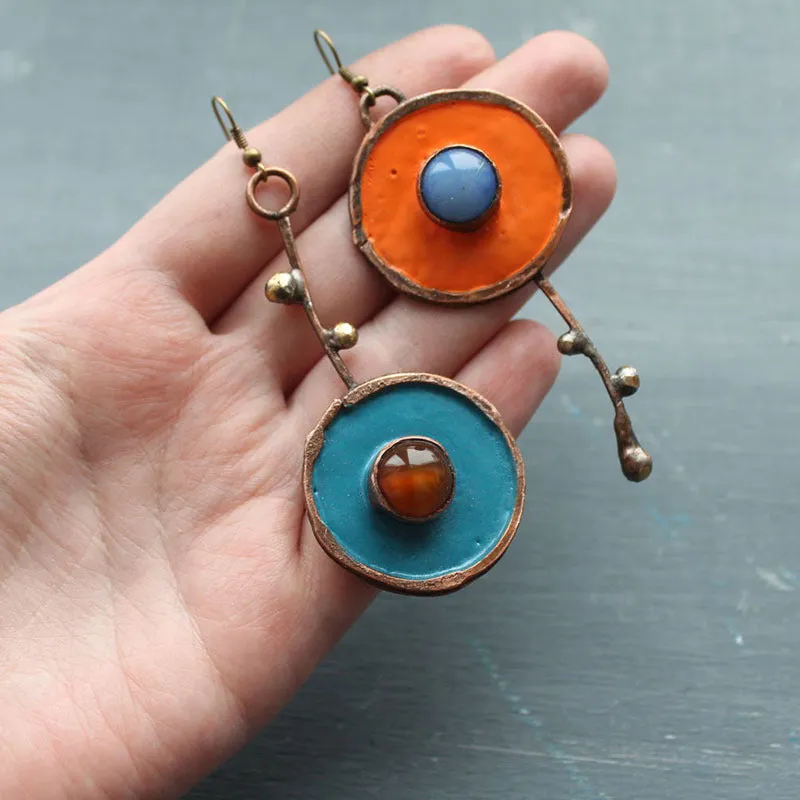 Wholesale Creative Asymmetrical Graffiti Antique Red Copper Artisan-made Diamond Earrings