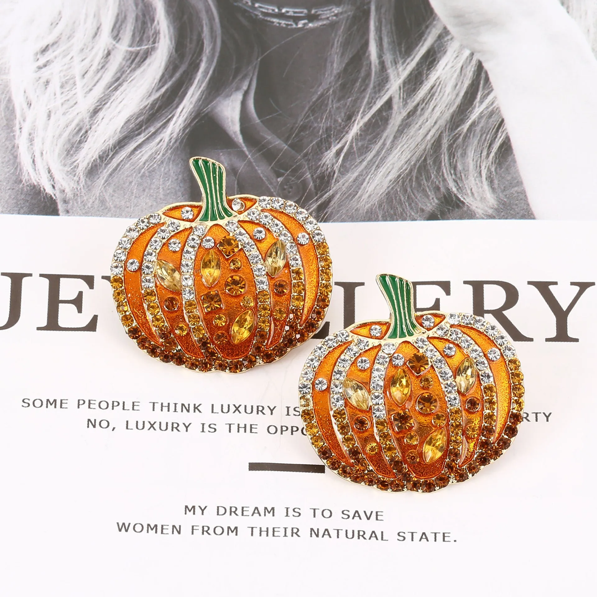 Wholesale Creative Exaggerated Rhinestone Pumpkin Pattern Alloy Earrings