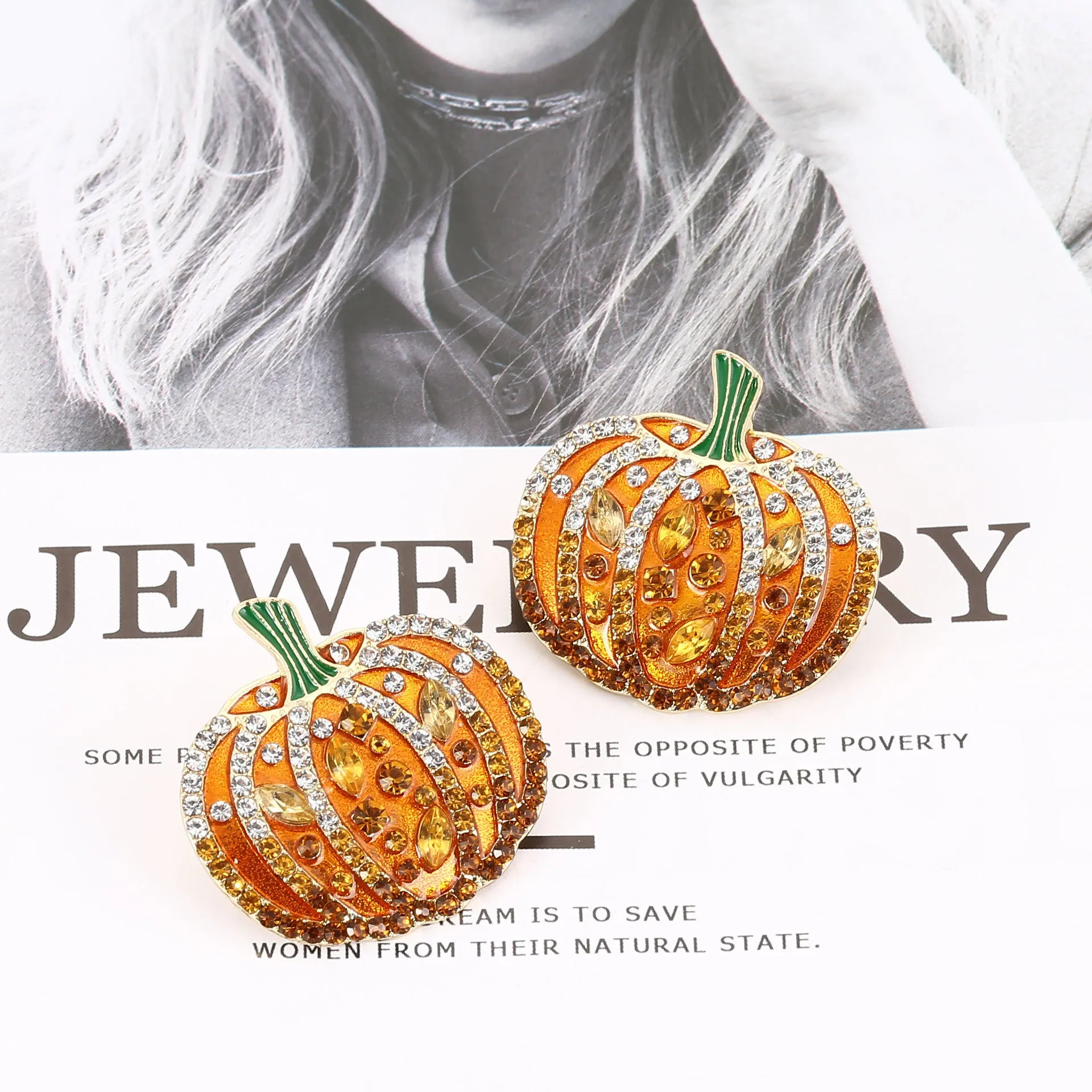 Wholesale Creative Exaggerated Rhinestone Pumpkin Pattern Alloy Earrings