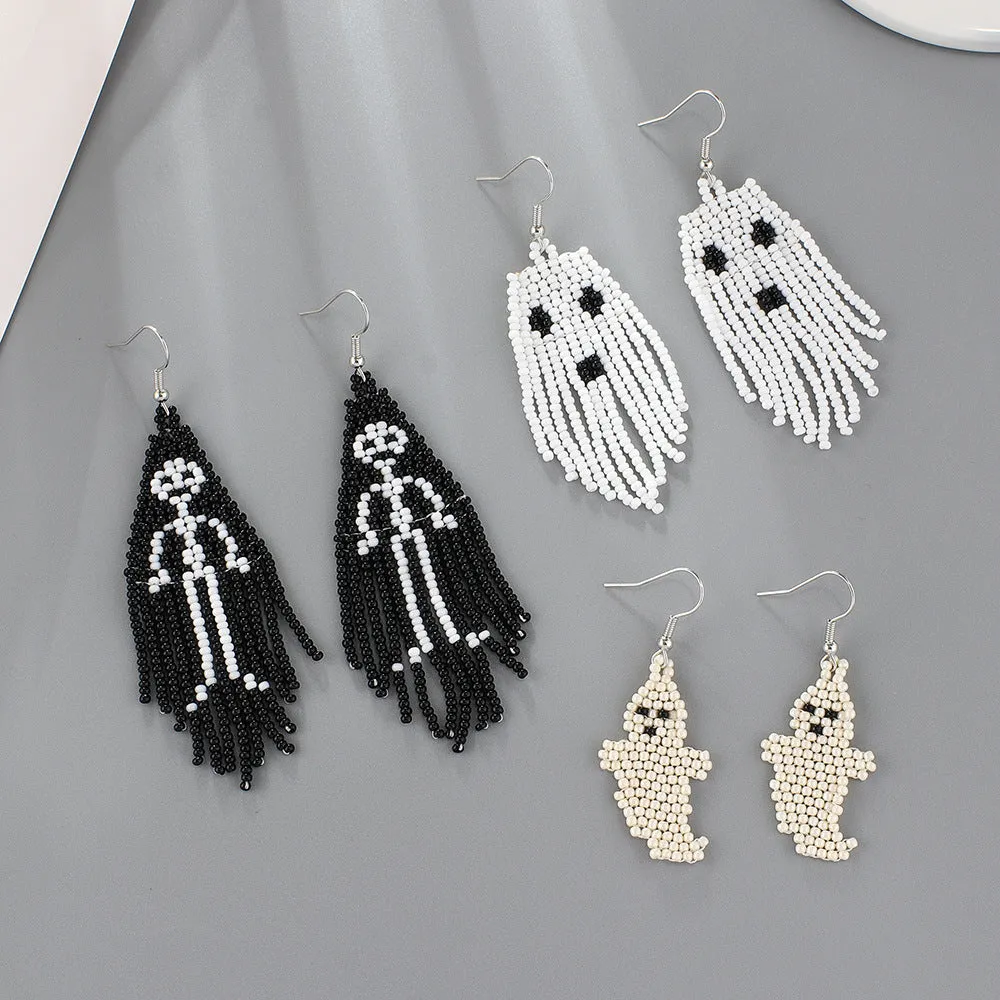 Wholesale Creative Halloween Series Tassel Handmade Rice Beads Skull Ghost Earrings