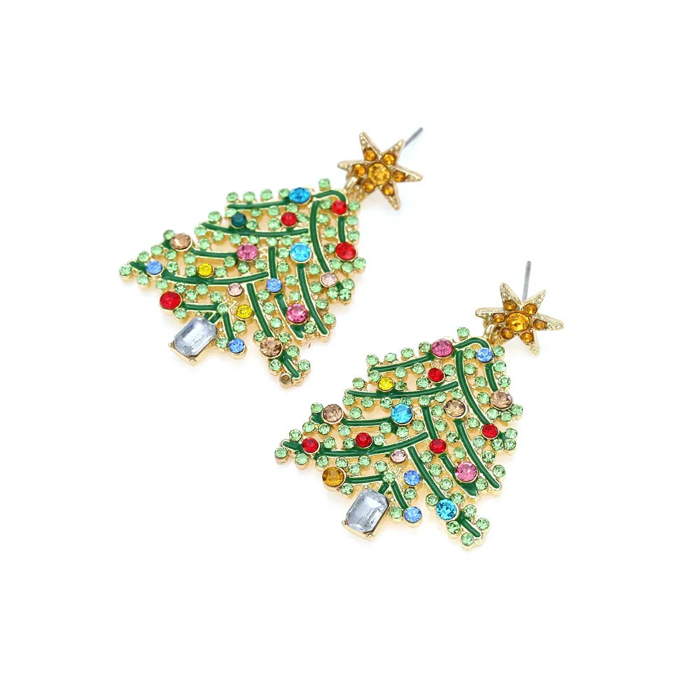 Wholesale Creative Hollowed Out Diamond Christmas Tree Colored Diamond Earrings