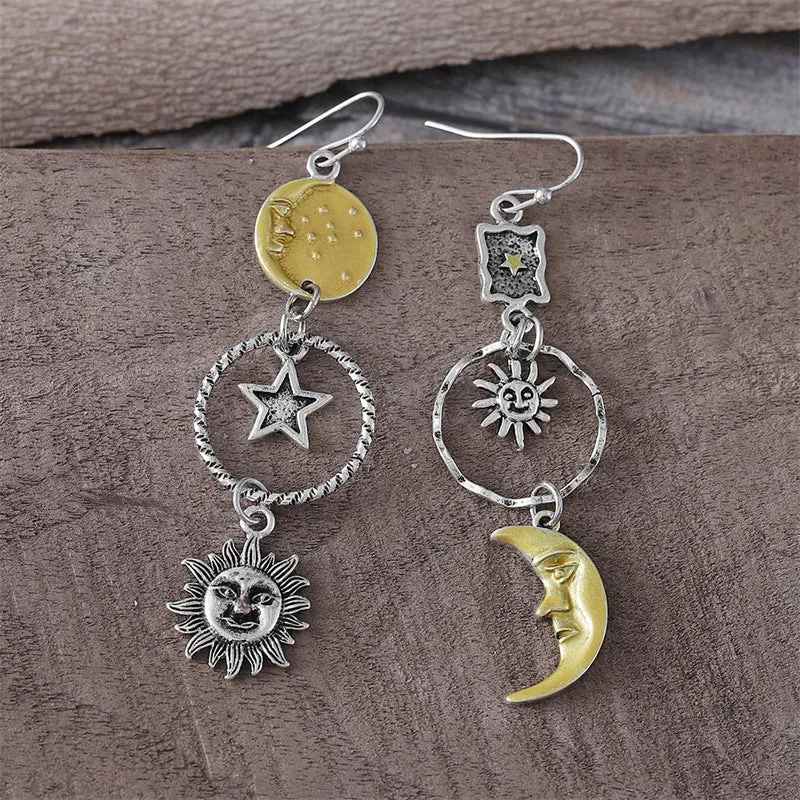 Wholesale Creative Retro Style Pentagram Sun Moon Asymmetrical Earrings