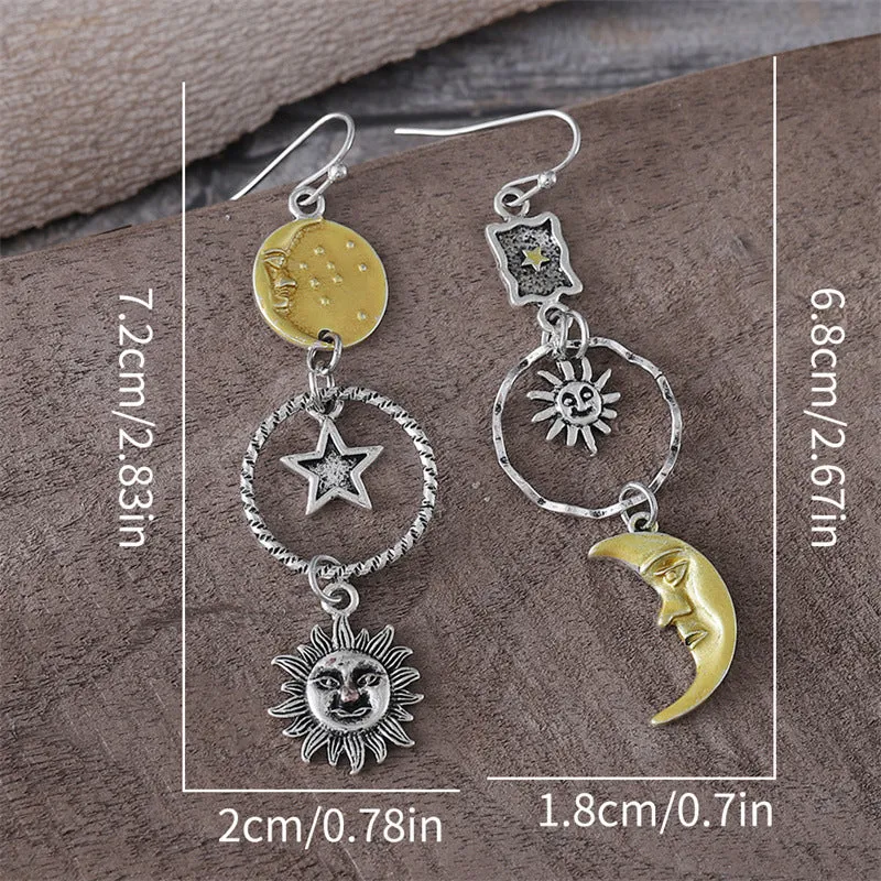 Wholesale Creative Retro Style Pentagram Sun Moon Asymmetrical Earrings