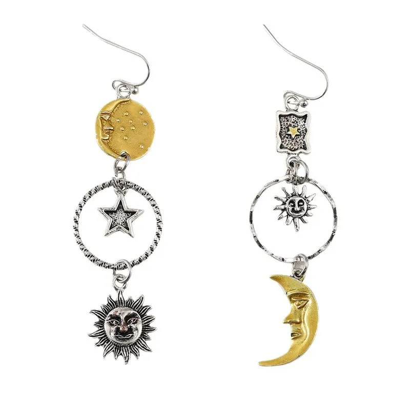 Wholesale Creative Retro Style Pentagram Sun Moon Asymmetrical Earrings