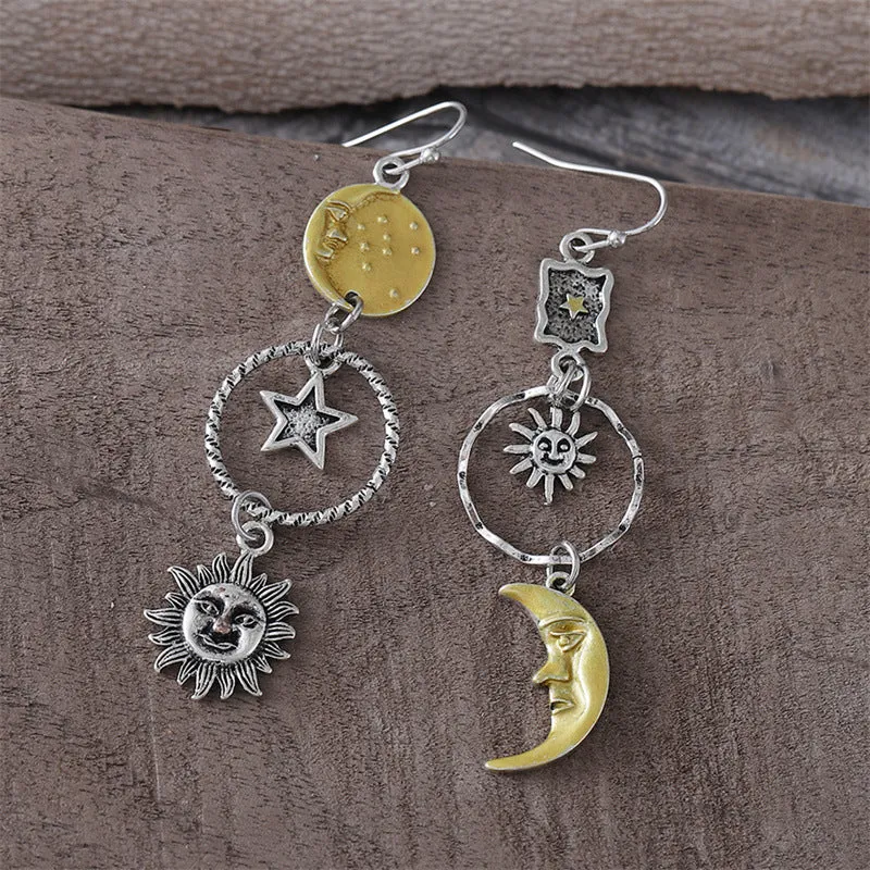 Wholesale Creative Retro Style Pentagram Sun Moon Asymmetrical Earrings