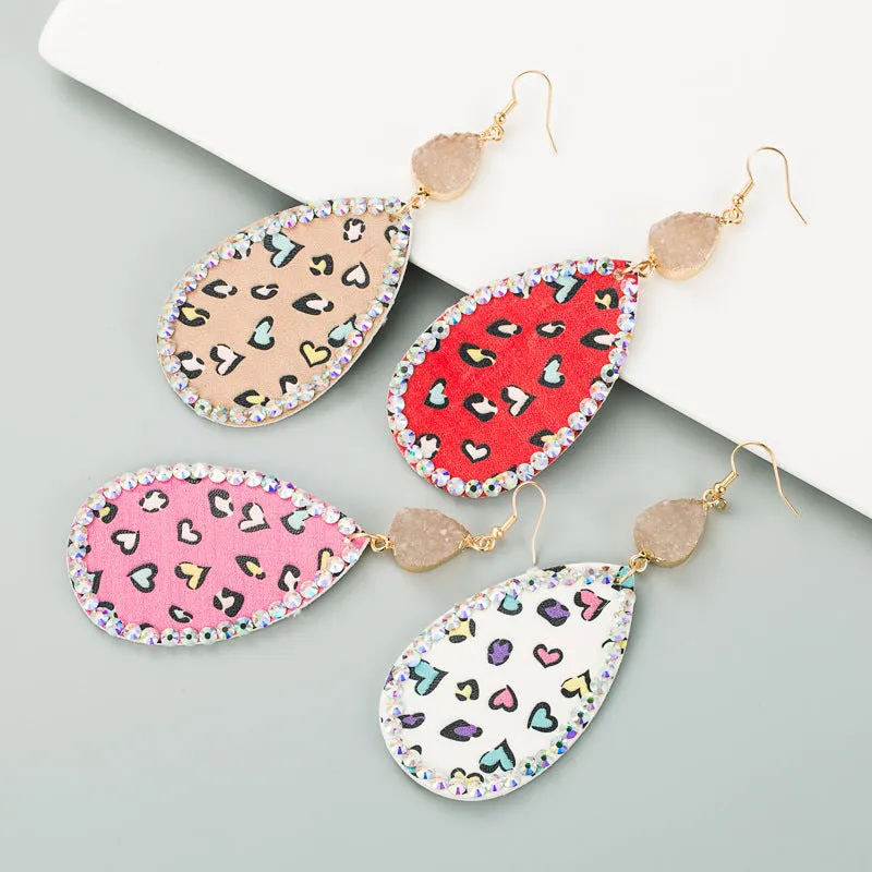 Wholesale Creative teardrop-shaped leather print inlaid rhinestone earrings