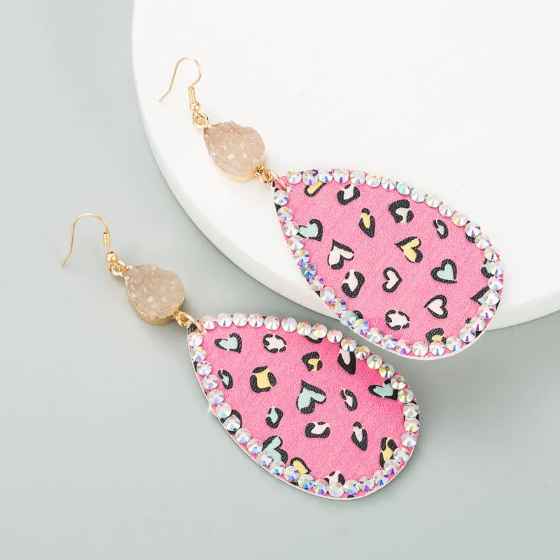 Wholesale Creative teardrop-shaped leather print inlaid rhinestone earrings