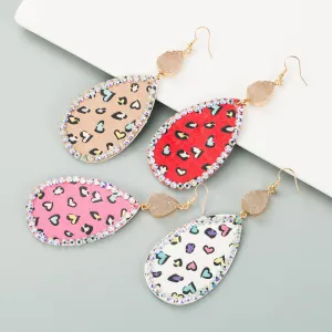 Wholesale Creative teardrop-shaped leather print inlaid rhinestone earrings