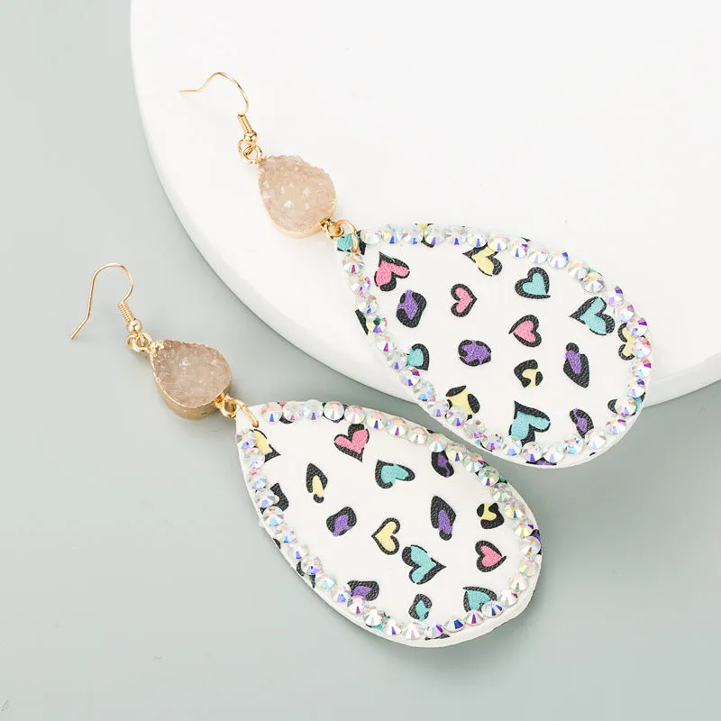 Wholesale Creative teardrop-shaped leather print inlaid rhinestone earrings