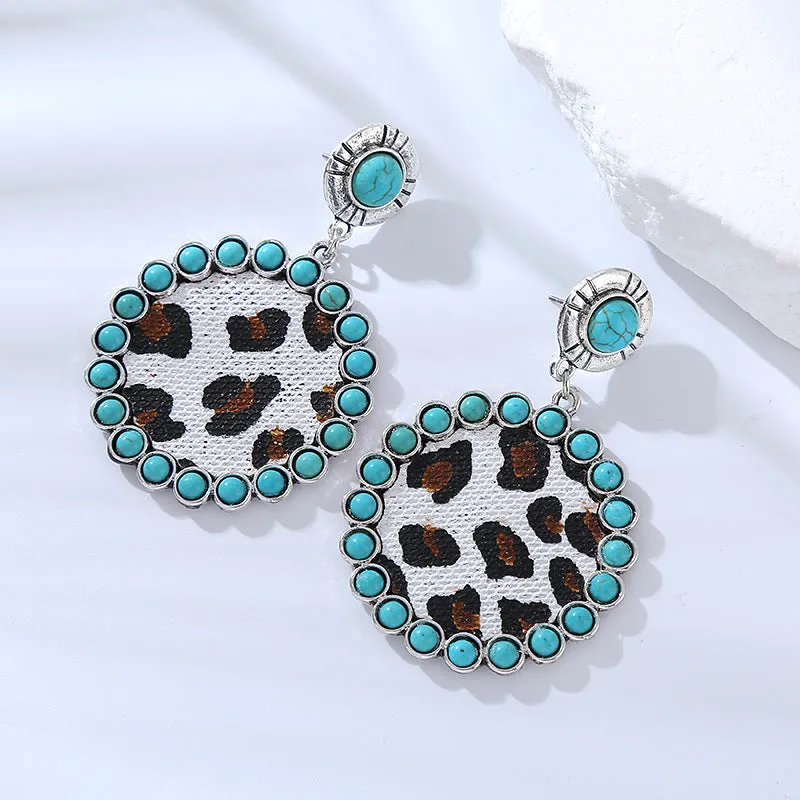 Wholesale Creative Turquoise Leopard Print Leather Earrings