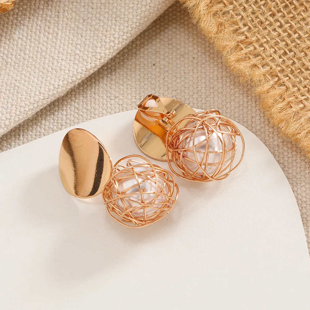 Wholesale Creative Woven Round Ball Artificial Pearl Ear Clips
