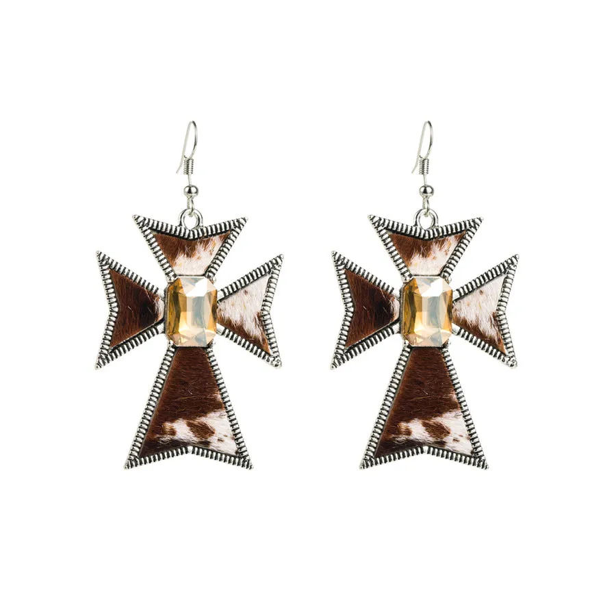 Wholesale Cross Alloy Inlaid Glass Diamond Leopard Print Leather Earrings
