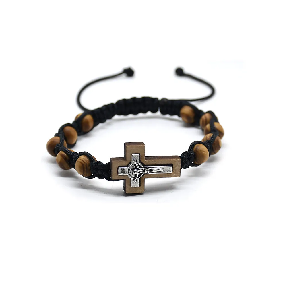 Wholesale Cross Alloy Pine Wood Beads Braided Chinese Knot Rosary Beads Bracelet