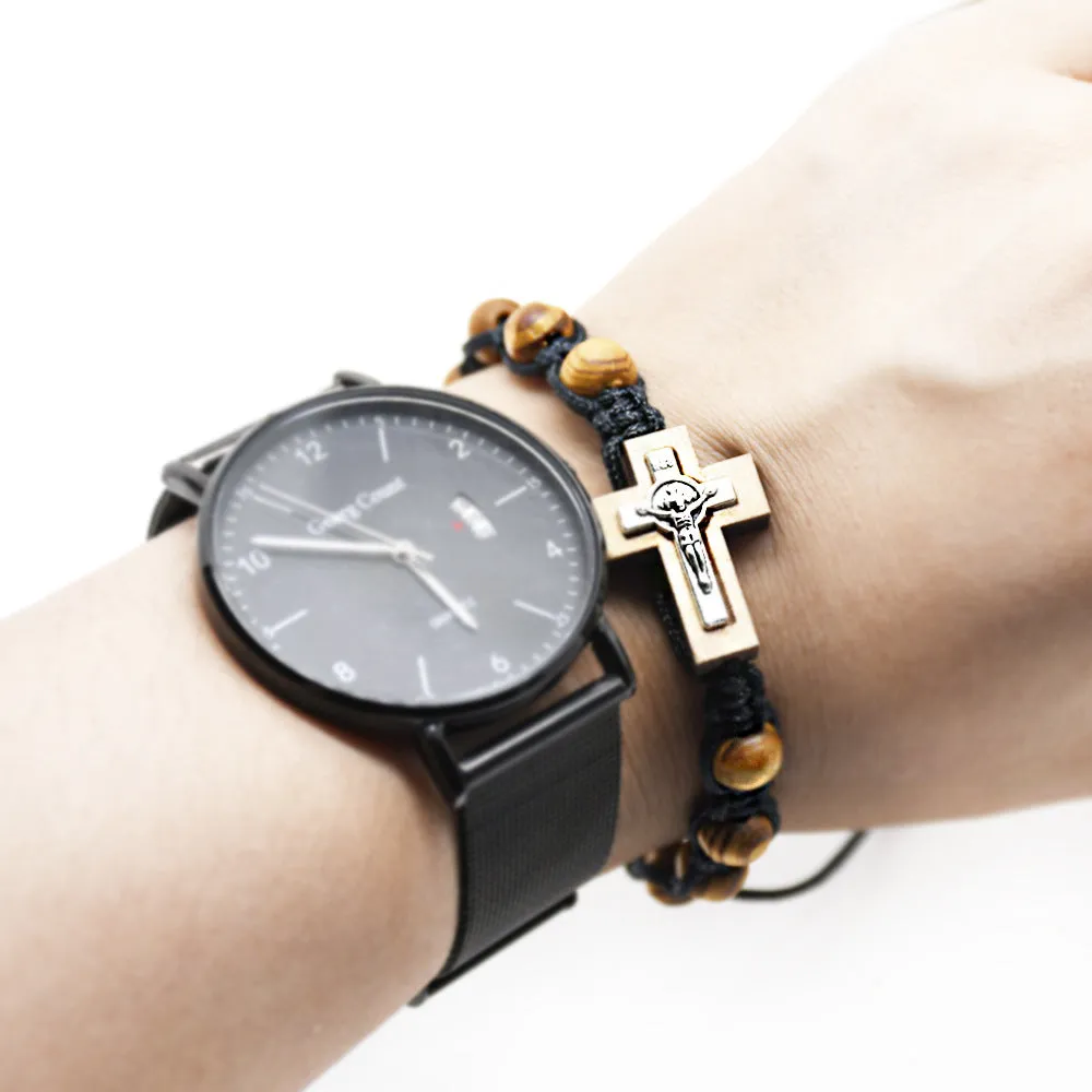 Wholesale Cross Alloy Pine Wood Beads Braided Chinese Knot Rosary Beads Bracelet