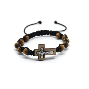 Wholesale Cross Alloy Pine Wood Beads Braided Chinese Knot Rosary Beads Bracelet
